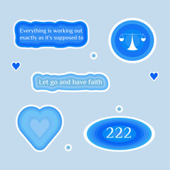 Numerology angel numbers 222 stickers. Set of illustrations for vision board of scale, heart and motivational quote