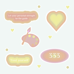 Numerology angel numbers 333 stickers. Set of illustrations for vision board of pain brush, heart and motivational quote
