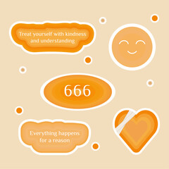 Numerology angel numbers 666 stickers. Set of illustrations for vision board of smile face, heart with bandage and motivational quote