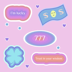 Numerology angel numbers 777 stickers. Set of illustrations for vision board of luck, money, 4 leaf clover and motivational quote