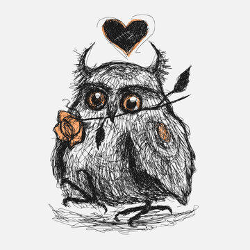 Hand drawn illustration with an owl and a rose. Character in love. Cute image, nice card for Valentine's Day, love expression. 