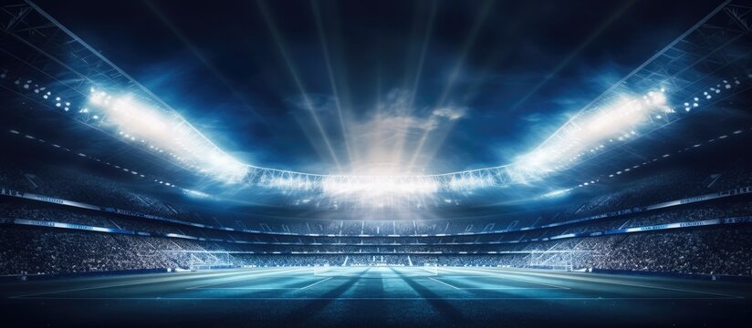 Illuminated football stadium at night Copy space image Place for adding text or design © Ilgun
