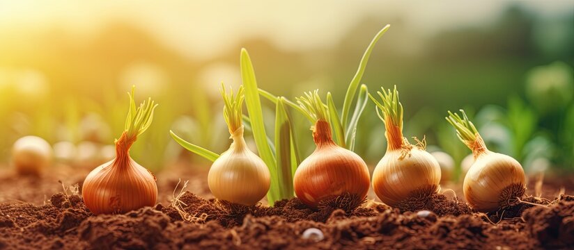 Home cultivation of onions from seeds or bulbs embracing organic produce eco friendly nourishment agricultural roots rural living Copy space image Place for adding text or design