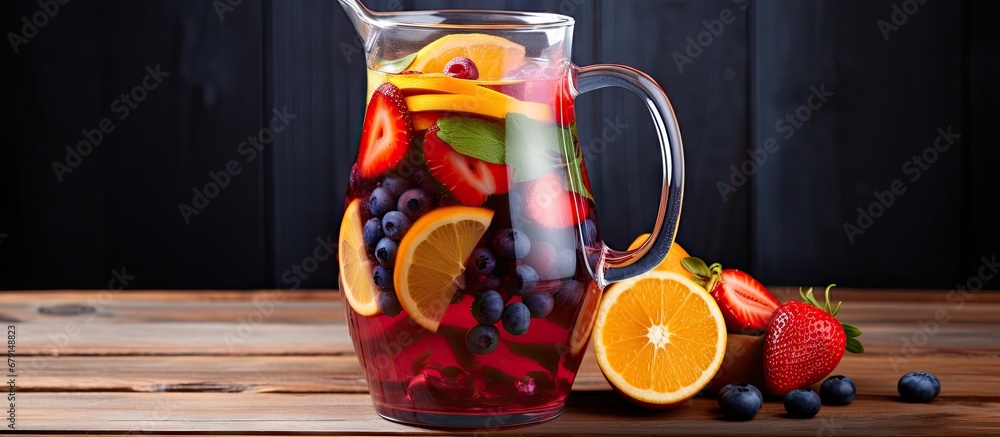 Poster fruity sangria with summer berries in a pitcher copy space image place for adding text or design