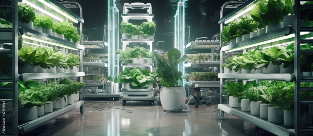Poster hygienic and healthy indoor vertical farming of organic vegetables using led lights copy space image