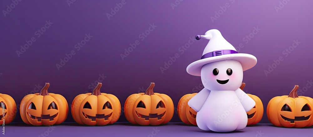 Poster halloween pattern with adorable pumpkin hat ghost on purple background copy space image place for ad
