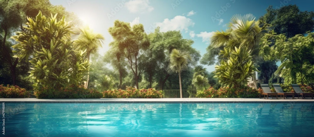 Poster Hotel s garden with a big pool and trees around Copy space image Place for adding text or design