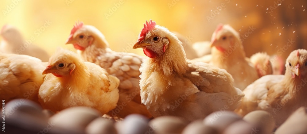 Poster industrial chicken farms primarily focus on egg production from hens copy space image place for addi