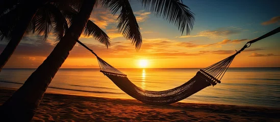 Deurstickers Strand zonsondergang Hammock on palm trees at sunset representing carefree freedom on a tropical beach Summer nature exotic shore Tranquil travel paradise Enjoy life positive energy Copy space image Place for addin