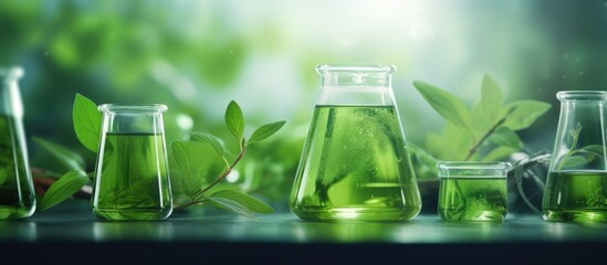 Green alga nature plant environmental science and medical vaccine research in biotechnology laboratory study biofuel and gas energy technology Copy space image Place for adding text or design