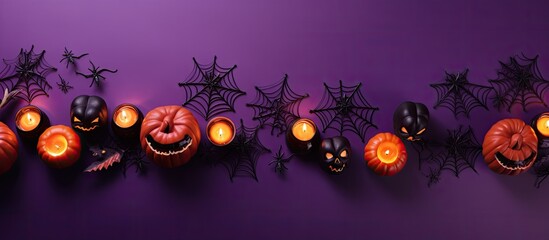 Halloween themed decorations on purple background Skeletons bats spiders pumpkins Halloween concept Copy space image Place for adding text or design