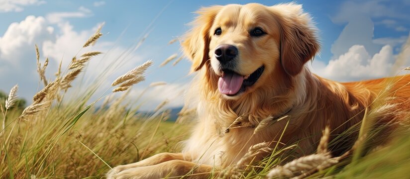 Glamour style photo of male and female dogs lying in tall grass looking at the camera with blue sky and clouds in the background Suitable for pet advertising Copy space image Place for adding t