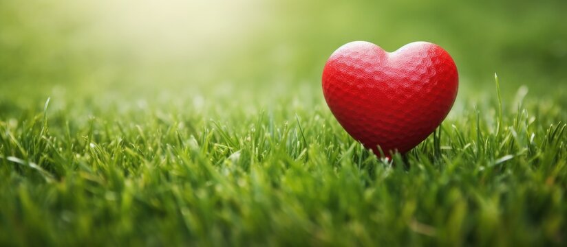Golf ball with heart on green grass for golfer s special occasion or love of golf Copy space image Place for adding text or design
