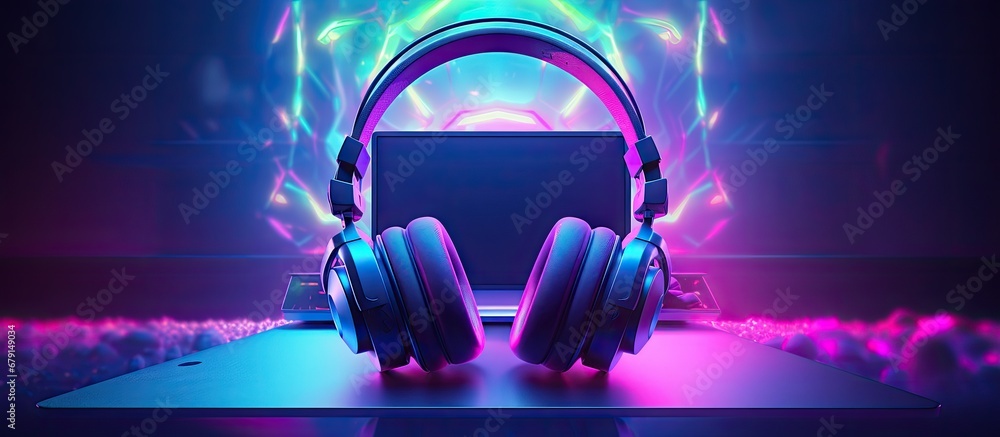 Poster gamer s setup lit with led lights ready for new online game copy space image place for adding text o