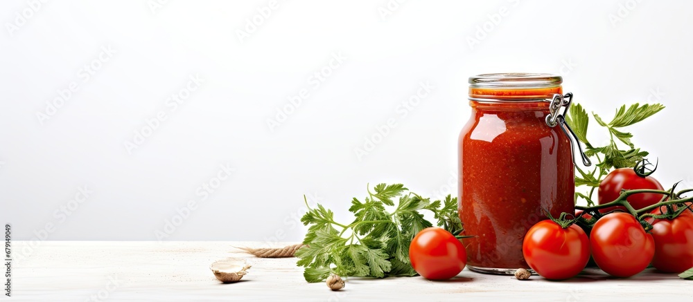 Poster glass jar containing homemade tomato sauce with tomatoes and herbs against a white backdrop copy spa
