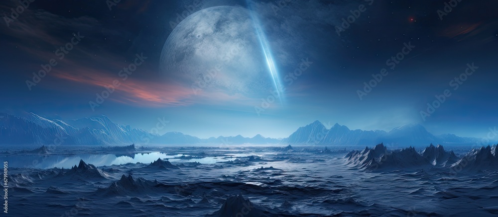 Poster frozen cracked ice and fog create a night fantasy with a starry sky and moonlit reflections copy spa