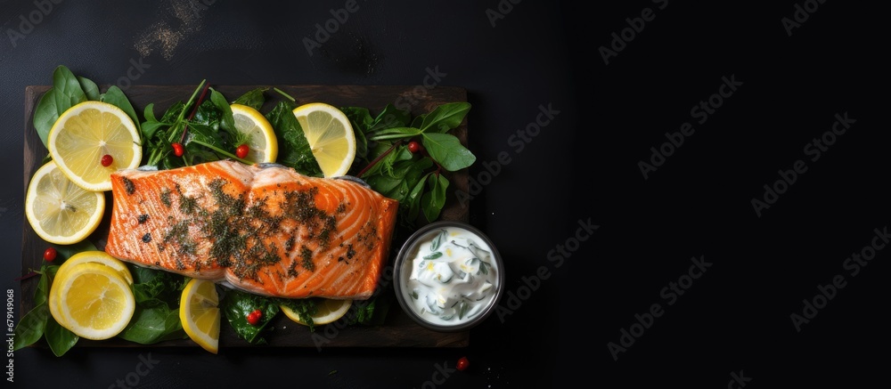 Poster grilled salmon with spinach cream and lemon copy space image place for adding text or design