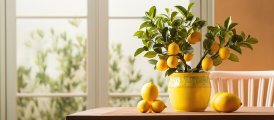 Indoor dining room with lemon tree decor Growing ripe yellow citrus fruits Elegant home decor and gardening hobby Copy space image Place for adding text or design