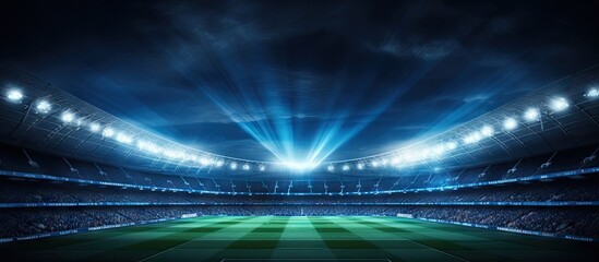 Illuminated football stadium at night Copy space image Place for adding text or design - obrazy, fototapety, plakaty