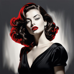 Ilustracion de mujer atractiva con aspecto vintage, en blanco y negro con tonos de color rojo en resaltado