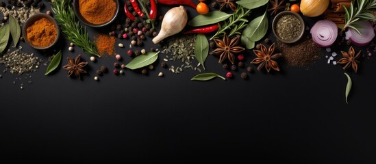 Obraz na płótnie Canvas Herbs and spices on black background viewed from above Copy space image Place for adding text or design