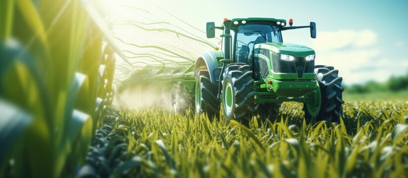 Future smart agriculture 5G self driving corn field tractor Copy space image Place for adding text or design