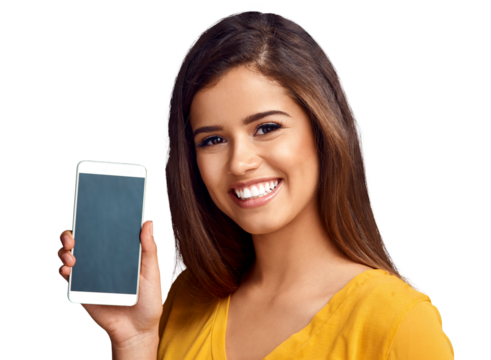 Woman, portrait and happy for cellphone screen as mockup space or social media, internet or isolated on transparent png background. Female person, face and mobile or website, app or search connection