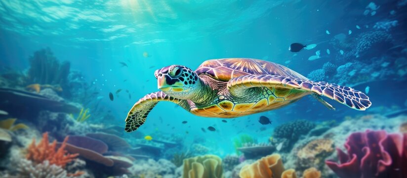 Hawksbill turtle Eretmochelys imbricata floating underwater in Maldives Indian Ocean coral reef Copy space image Place for adding text or design