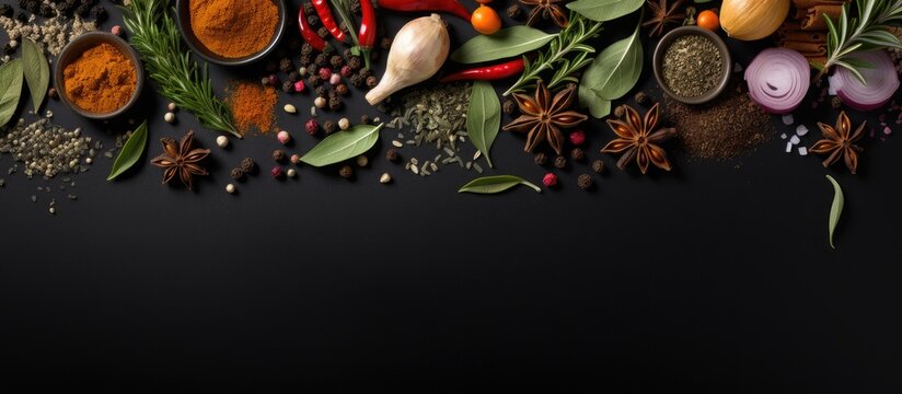 Herbs and spices on black background viewed from above Copy space image Place for adding text or design