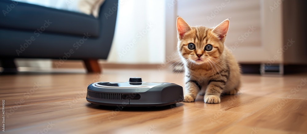 Poster kitten plays with a robot vacuum cleaner while doing housework with smart technology at home copy sp