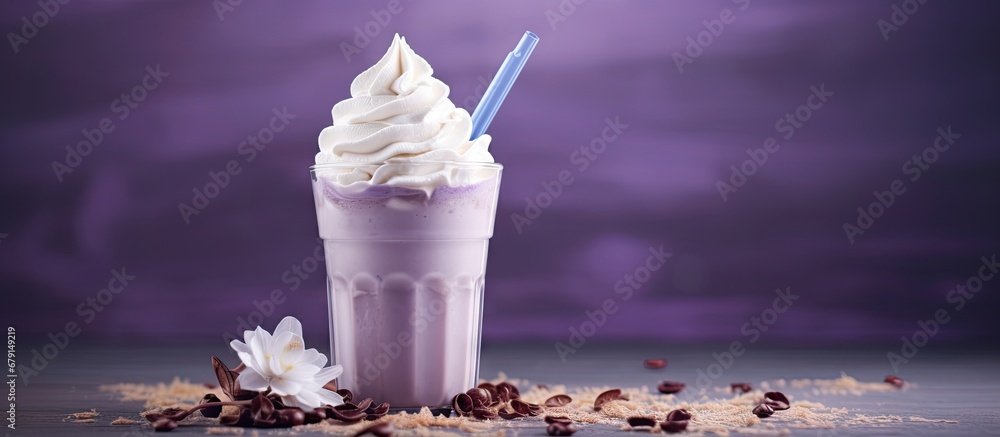Poster iced taro latte topped with whipped cream copy space image place for adding text or design