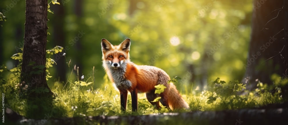 Poster gorgeous red fox in spring forest natural wildlife scene copy space image place for adding text or d