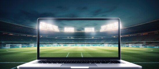 Laptop display promoting app or webpage with stadium backdrop Copy space image Place for adding text or design - obrazy, fototapety, plakaty