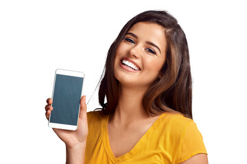 Woman, portrait and cellphone screen as mockup space or social media, internet or isolated on...