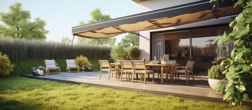House terrace with synthetic grass flooring tables outdoor seating abundant plants and an extended retractable awning Copy space image Place for adding text or design