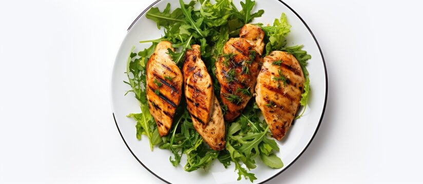 Grilled chicken and salad on white table keto and healthy Text space top view Copy space image Place for adding text or design