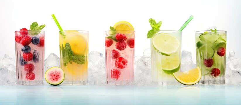 Isolated summer drinks with ice fresh berries lemon and lime on white Copy space image Place for adding text or design