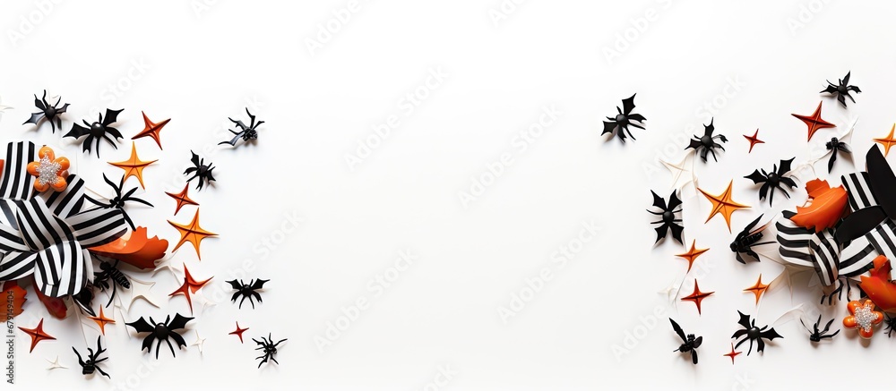 Poster halloween decorations featuring striped straws with paper bats confetti spiders on white background 