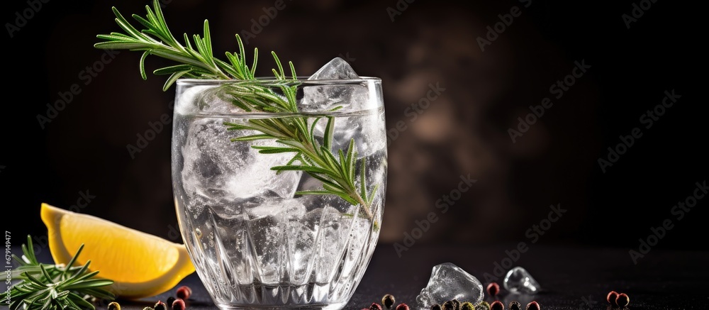 Poster gin tonic cocktail with gin rosemary tonic lime and ice in wine glass bar counter tools copy space c