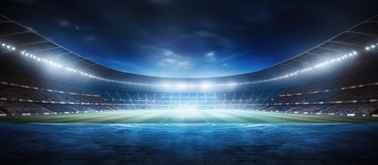 Illuminated football stadium at night Copy space image Place for adding text or design - obrazy, fototapety, plakaty