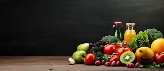 Healthy lifestyle concept involving fruits veggies juice smoothies and exercise Copy space image Place for adding text or design