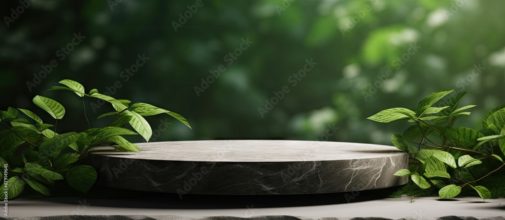 Aufkleber green natural stone and concrete podium for product presentation with a background of green leaves c
