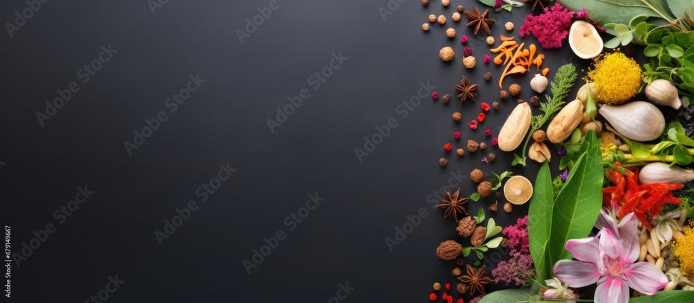 Aufkleber herbal remedy and plants in alternative medicine naturopathy and dietary supplement shown from above