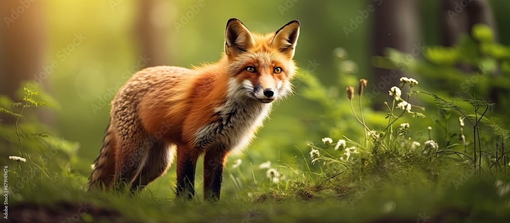Poster gorgeous red fox in spring forest natural wildlife scene copy space image place for adding text or d