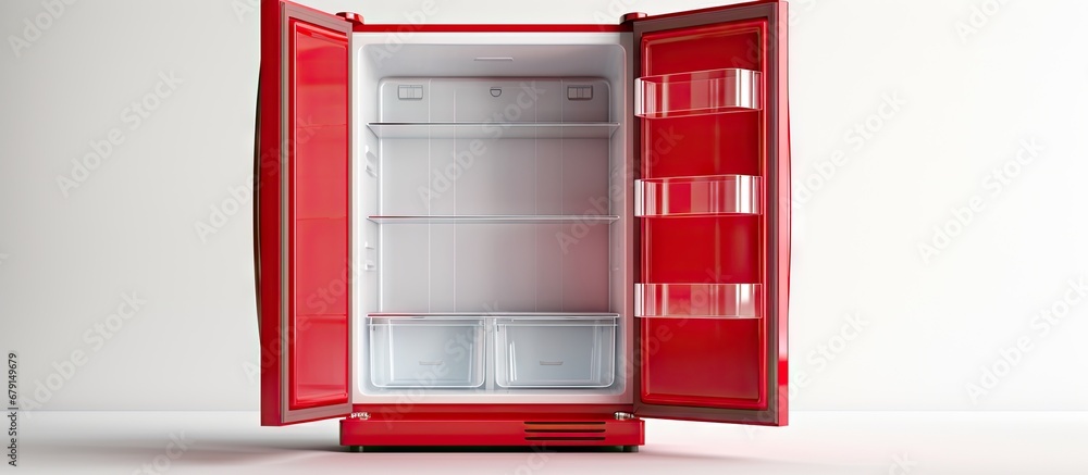 Poster isolated red plastic front view of an open thermos fridge copy space image place for adding text or 