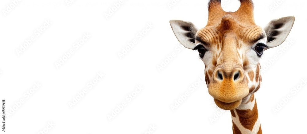 Poster funny looking giraffe head isolated on white background copy space image place for adding text or de