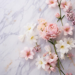 Fototapeta na wymiar Fondo con detalle y textura de superficie de marmol con pequeñas flores con tonos rosas y blancos