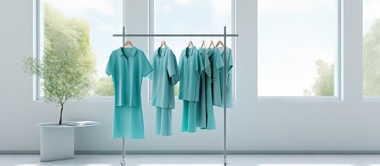 Hospital uniform for patients hanging on clothes rack used for hygiene purposes Copy space image Place for adding text or design