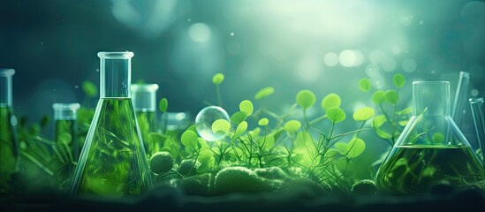 Green alga nature plant environmental science and medical vaccine research in biotechnology laboratory study biofuel and gas energy technology Copy space image Place for adding text or design - obrazy, fototapety, plakaty