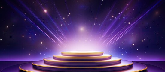 Glamorous award night with gold blue and purple decor spotlight on the stage with a trophy a grand invitation for a Hollywood Bollywood themed wedding on a luxurious floor Copy space image Plac - obrazy, fototapety, plakaty
